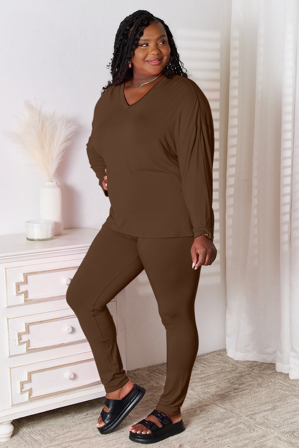 Go Basic With Our V-Neck Soft Rayon Long Sleeve Top and Pants Activewear Set - Bee Creek Apparel