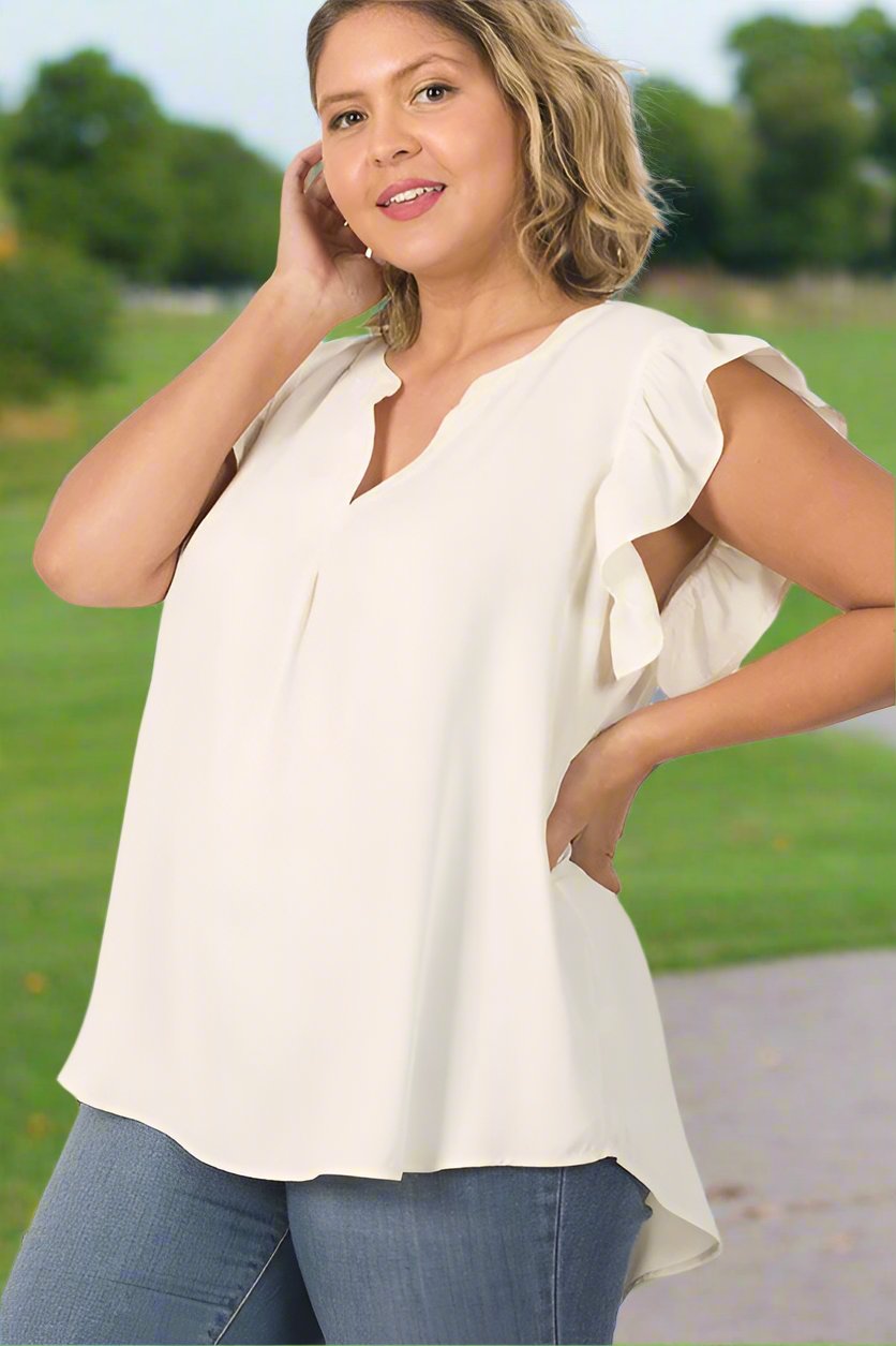 Discover Woven Wool Peach Ruffled Sleeve High-Low Top - Bee Creek Apparel