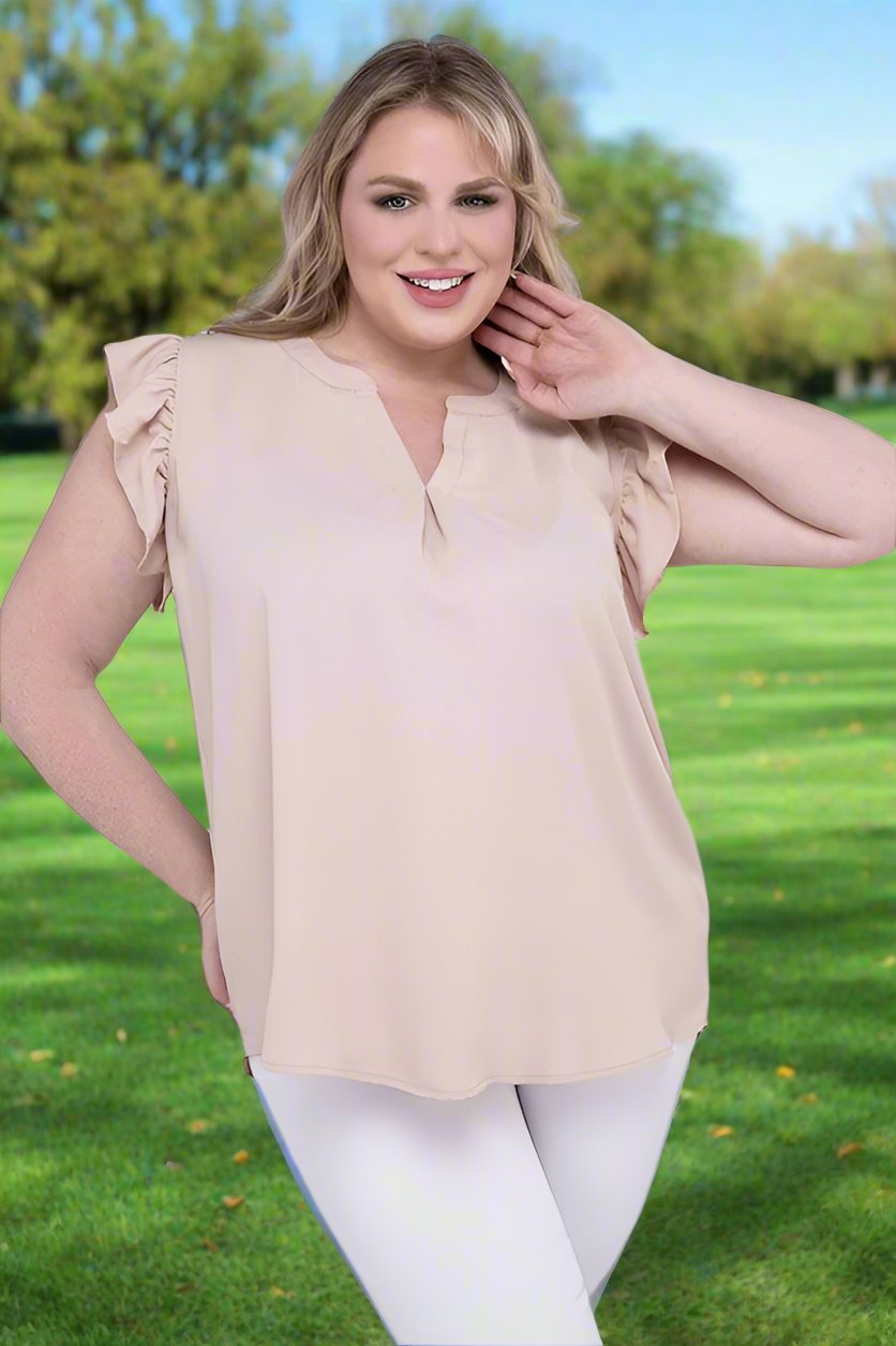 Discover Woven Wool Peach Ruffled Sleeve High-Low Top - Bee Creek Apparel
