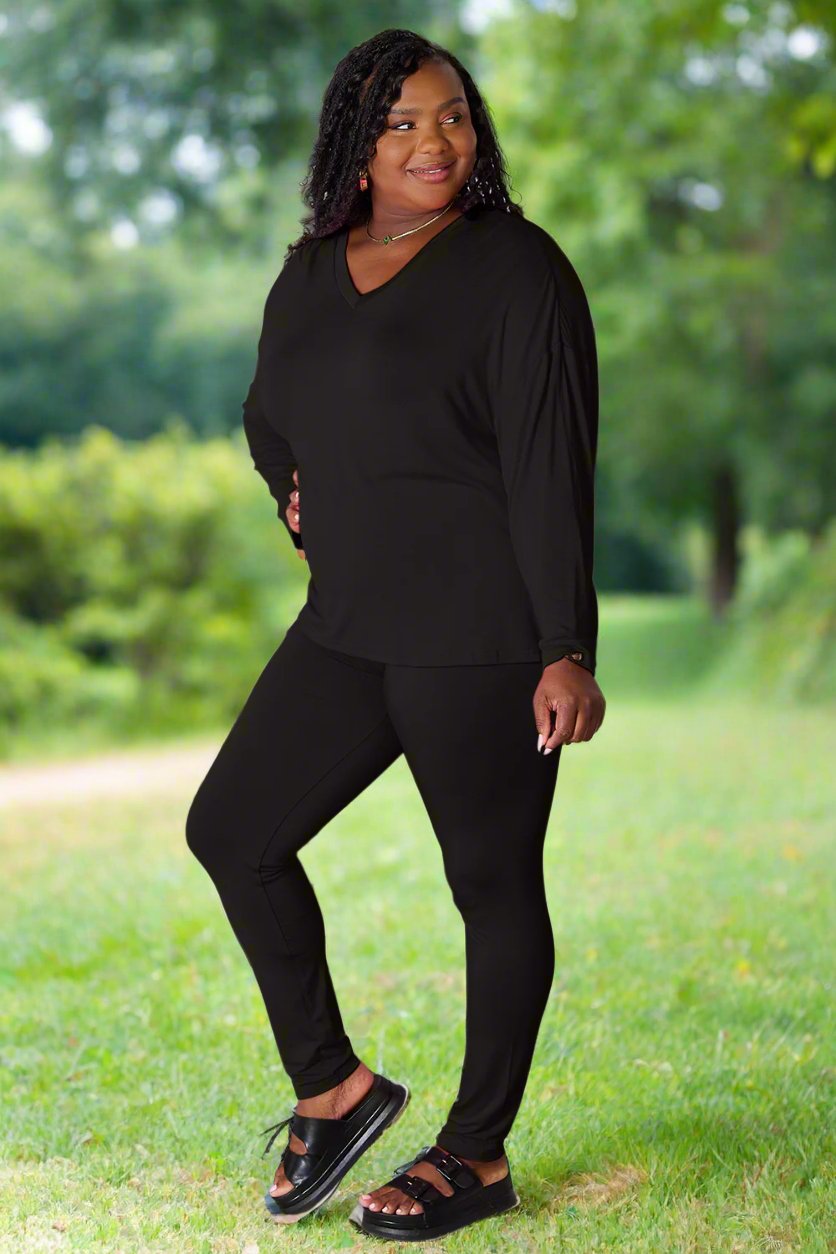 Go Basic With Our V-Neck Soft Rayon Long Sleeve Top and Pants Activewear Set - Bee Creek Apparel
