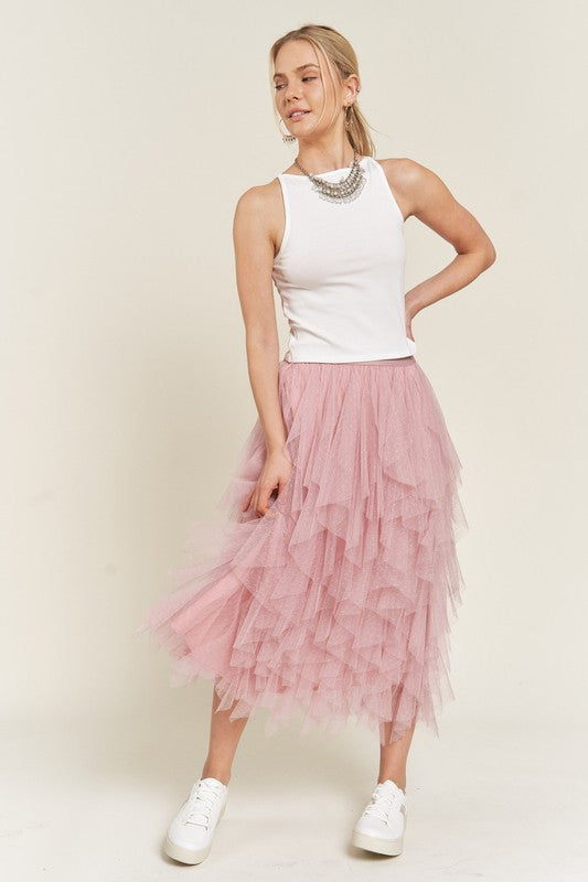 Polka Dot Mesh Lined A-Line Midi Skirt