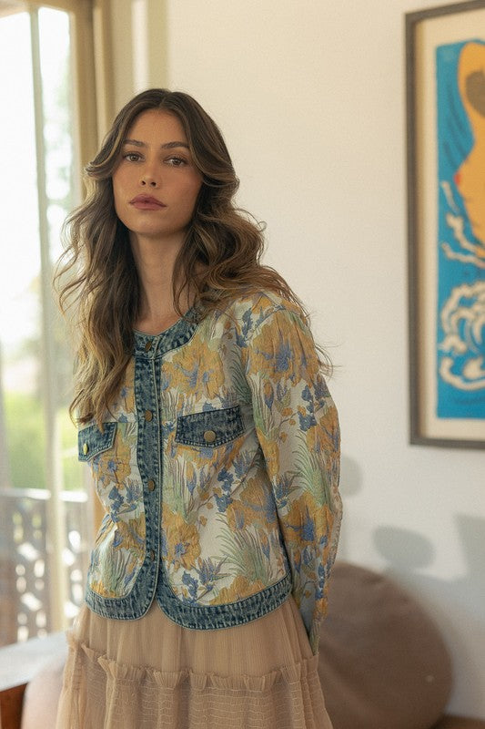 Floral Denim Contrast Button Down Jacket
