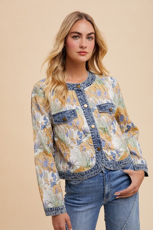 Floral Denim Contrast Button Down Jacket