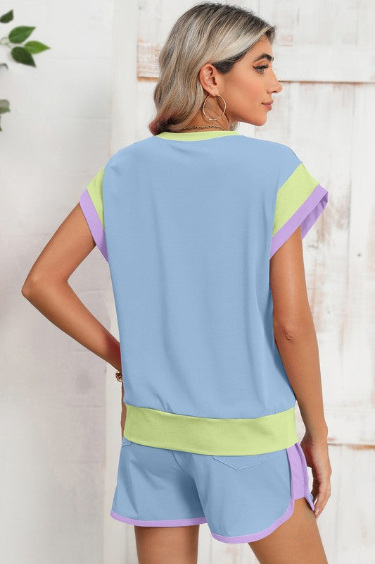 Contrast Trim Cap Sleeve Tee Shorts Set - Bee Creek Apparel