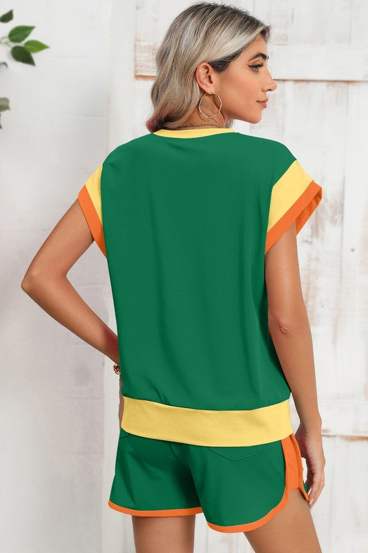 Contrast Trim Cap Sleeve Tee Shorts Set - Bee Creek Apparel
