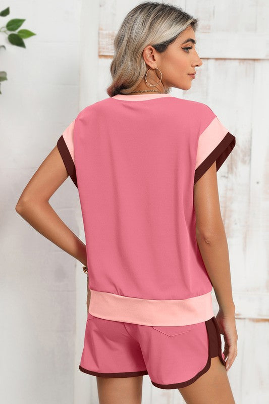 Contrast Trim Cap Sleeve Tee Shorts Set - Bee Creek Apparel