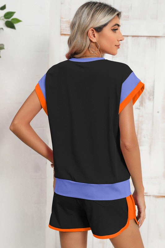Contrast Trim Cap Sleeve Tee Shorts Set - Bee Creek Apparel