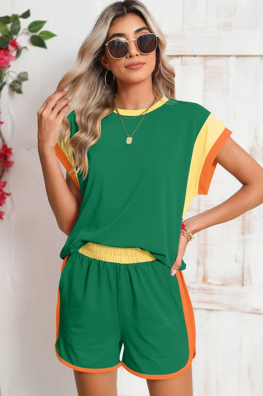 Contrast Trim Cap Sleeve Tee Shorts Set - Bee Creek Apparel