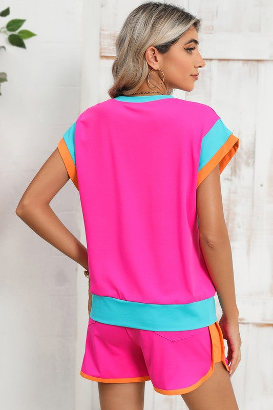 Contrast Trim Cap Sleeve Tee Shorts Set - Bee Creek Apparel