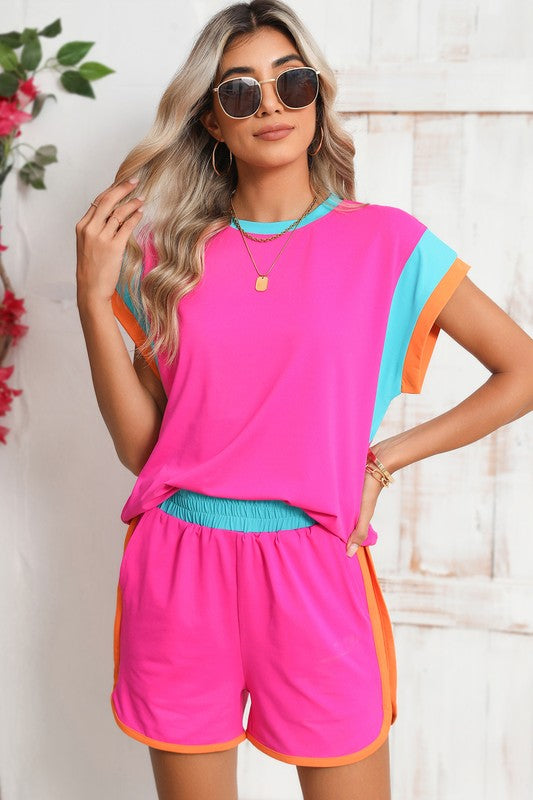 Contrast Trim Cap Sleeve Tee Shorts Set - Bee Creek Apparel