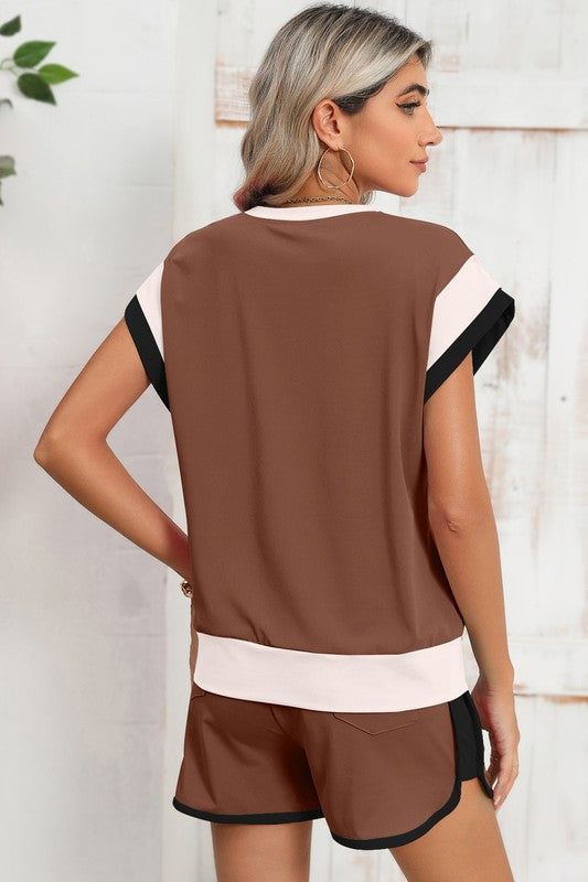 Contrast Trim Cap Sleeve Tee Shorts Set - Bee Creek Apparel