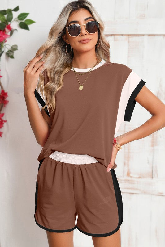 Contrast Trim Cap Sleeve Tee Shorts Set - Bee Creek Apparel
