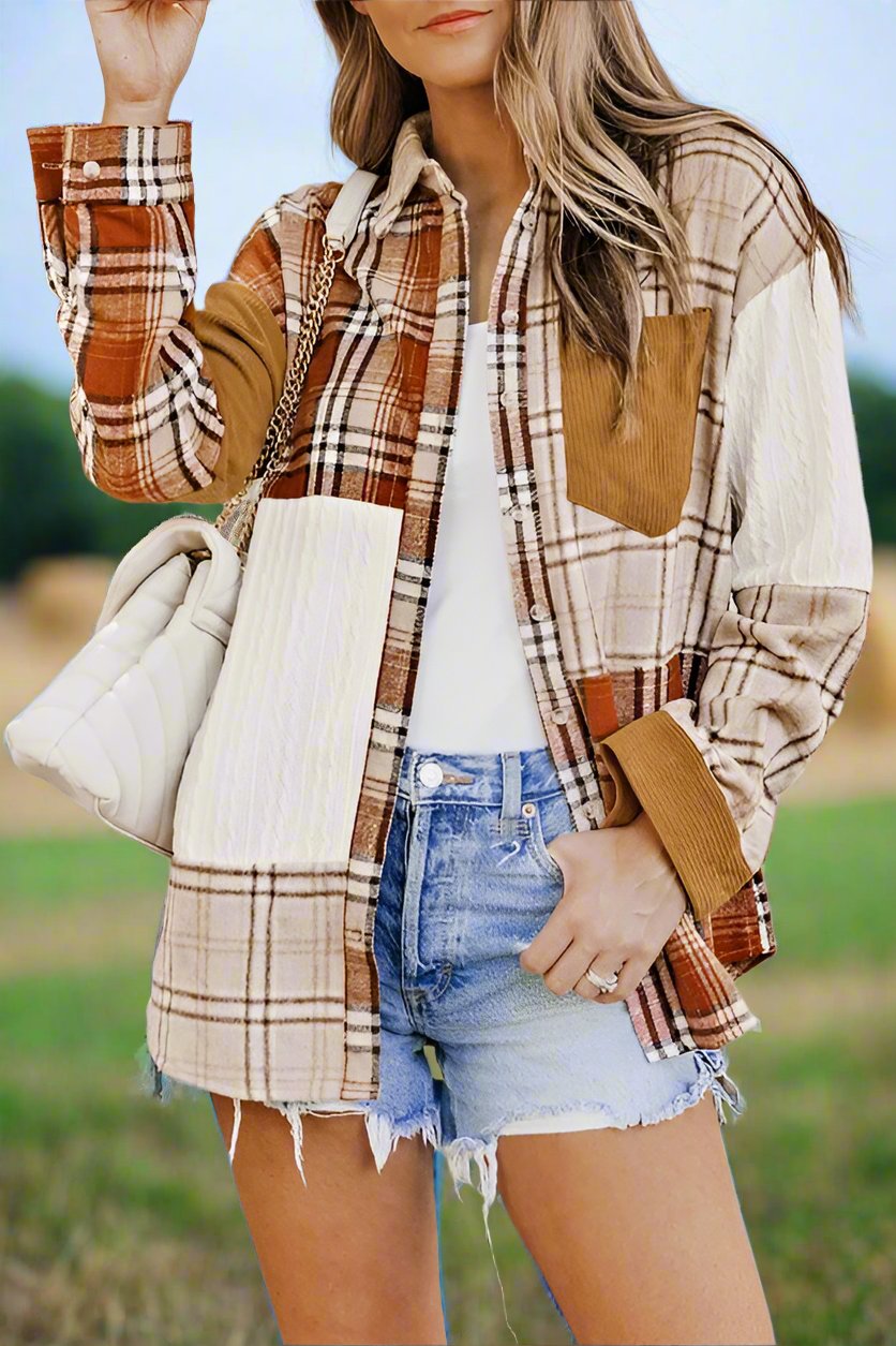 The Patch Plaid Color Block Shirt Shacket - Bee Creek Apparel