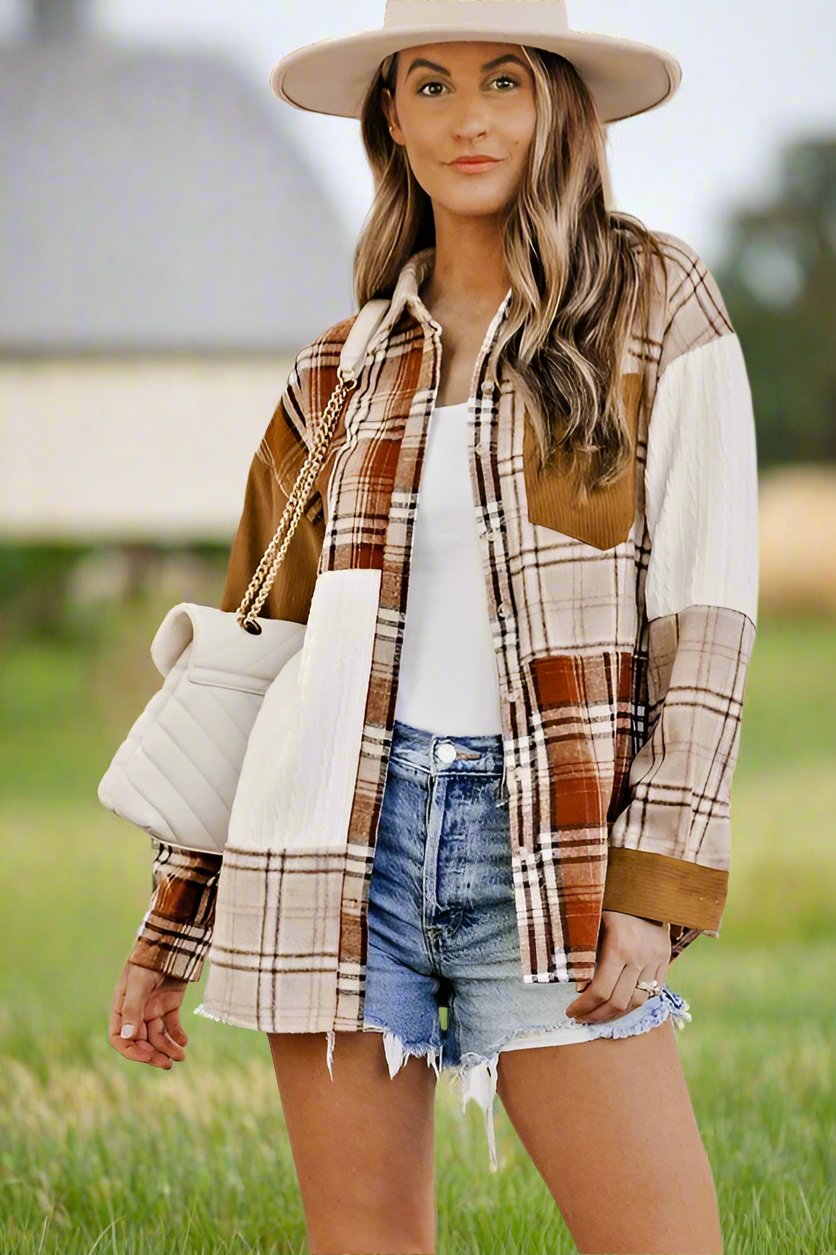 The Patch Plaid Color Block Shirt Shacket - Bee Creek Apparel