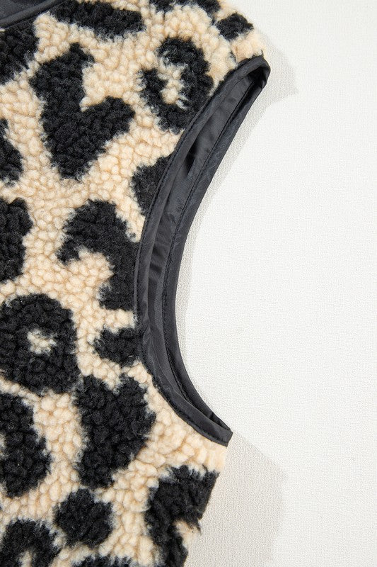 Leopard Print Sherpa Button Front Vest Coat - Bee Creek Apparel