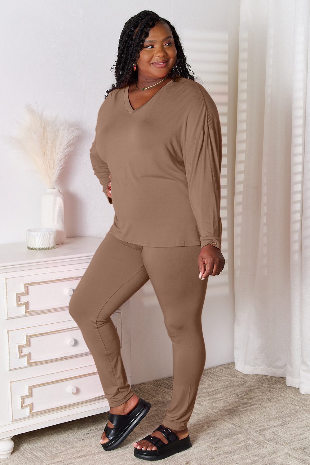 Go Basic With Our V-Neck Soft Rayon Long Sleeve Top and Pants Activewear Set - Bee Creek Apparel