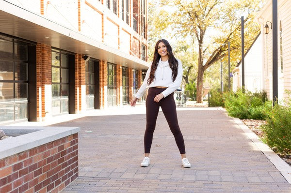 Brown Fleece Full Length Leggings with Pockets - Bee Creek Apparel