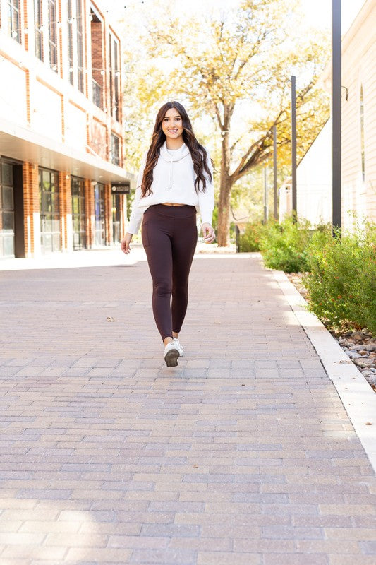 Brown Fleece Full Length Leggings with Pockets - Bee Creek Apparel
