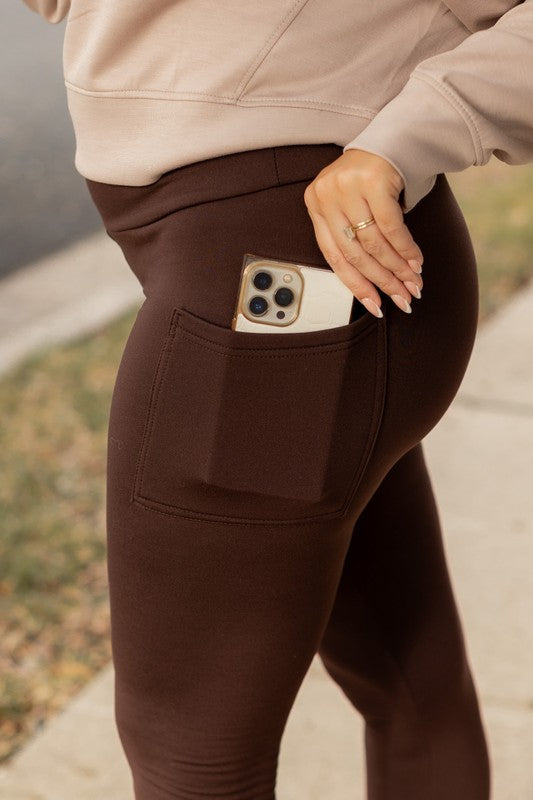 Brown Fleece Full Length Leggings with Pockets - Bee Creek Apparel