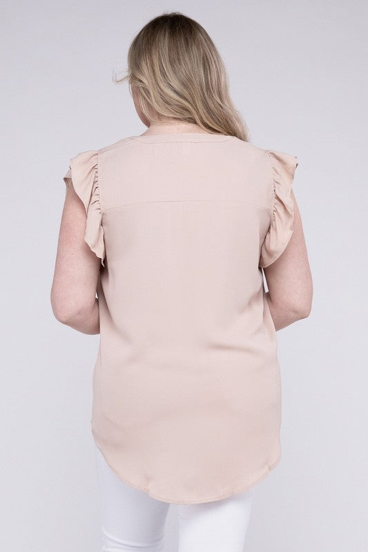 Discover Woven Wool Peach Ruffled Sleeve High-Low Top - Bee Creek Apparel