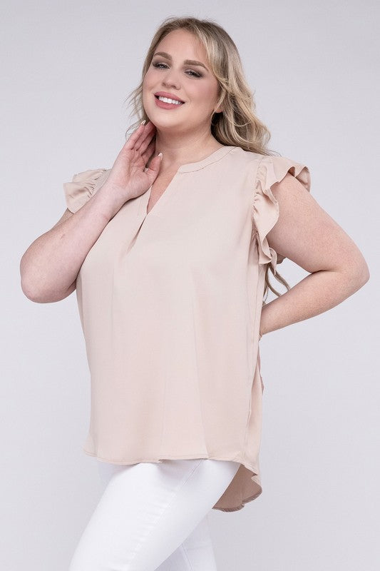 Discover Woven Wool Peach Ruffled Sleeve High-Low Top - Bee Creek Apparel