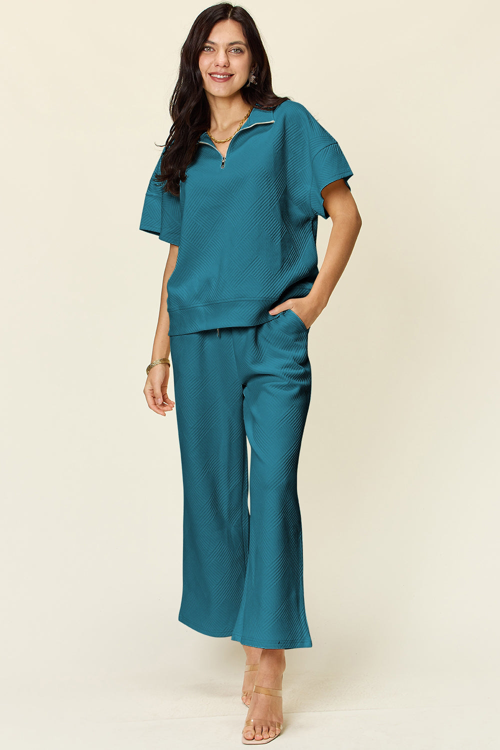 Texture Half Zip Short Sleeve Top and Pants Set - Bee Creek Apparel