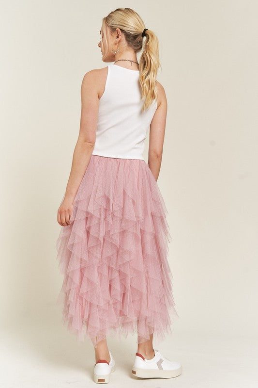 Polka Dot Mesh Lined A-Line Midi Skirt