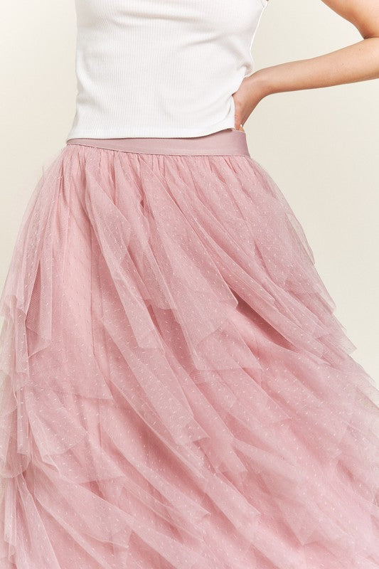 Polka Dot Mesh Lined A-Line Midi Skirt