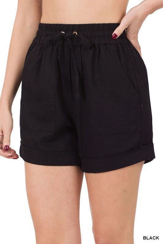 Linen Drawstring-Waist Shorts with Pockets - Bee Creek Apparel