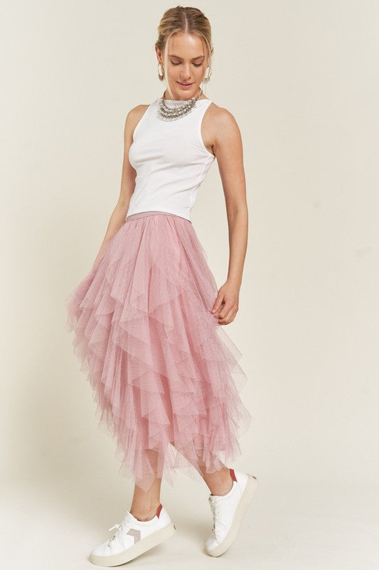 Polka Dot Mesh Lined A-Line Midi Skirt