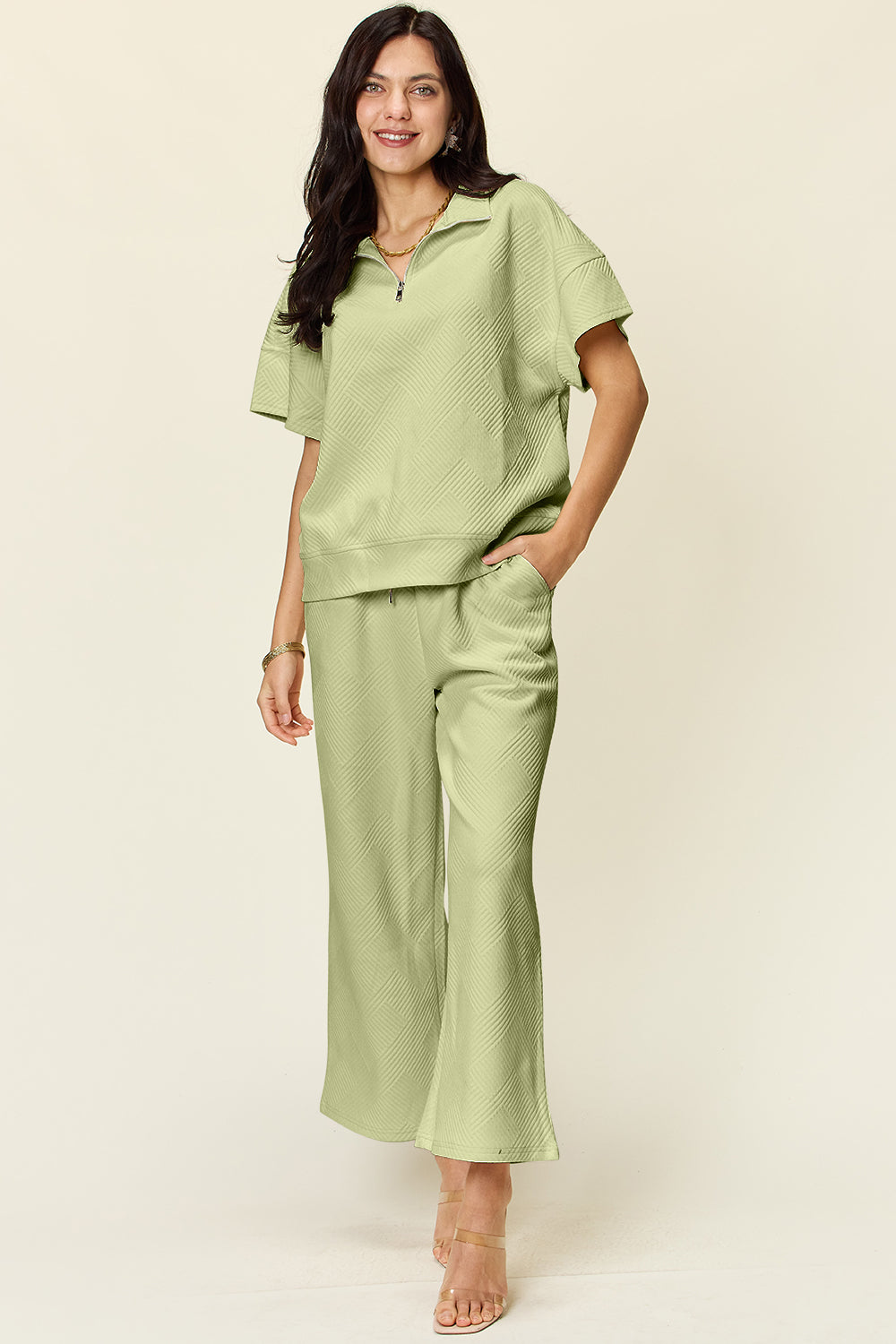 Texture Half Zip Short Sleeve Top and Pants Set - Bee Creek Apparel
