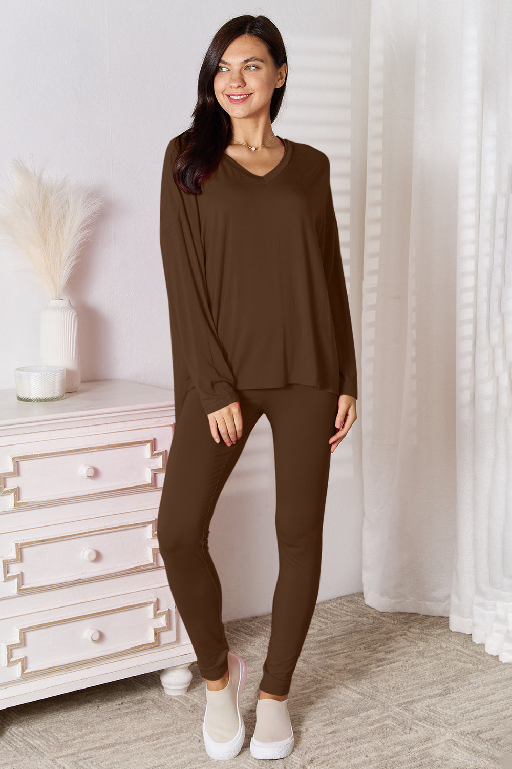 Go Basic With Our V-Neck Soft Rayon Long Sleeve Top and Pants Activewear Set - Bee Creek Apparel