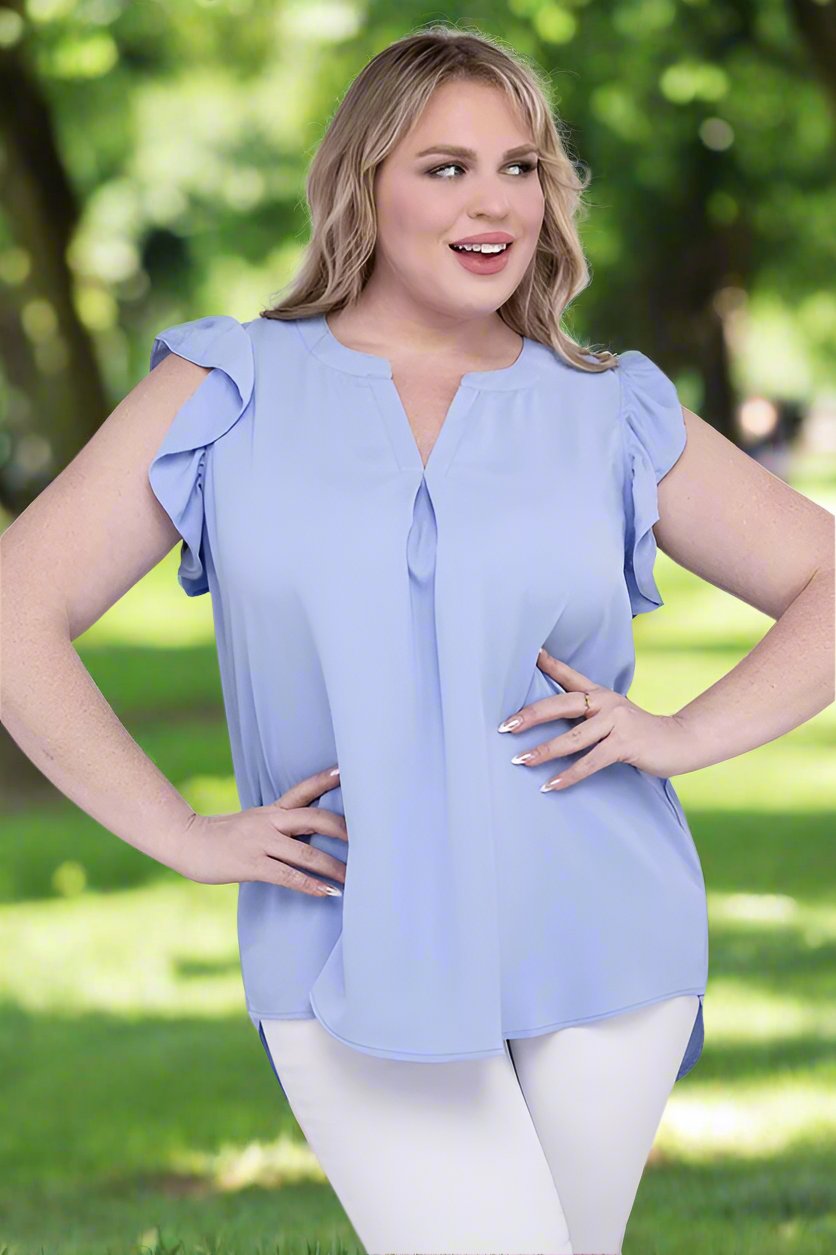 Discover Woven Wool Peach Ruffled Sleeve High-Low Top - Bee Creek Apparel