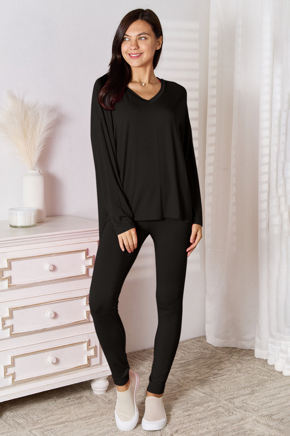 Go Basic With Our V-Neck Soft Rayon Long Sleeve Top and Pants Activewear Set - Bee Creek Apparel