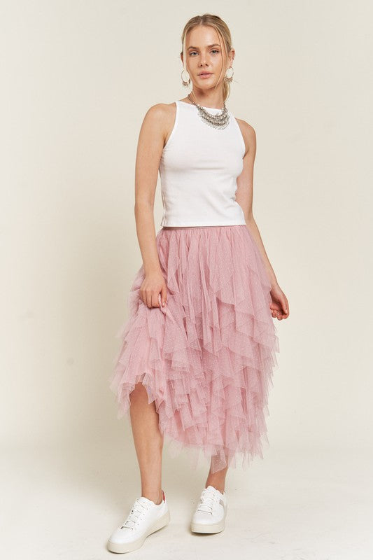 Polka Dot Mesh Lined A-Line Midi Skirt