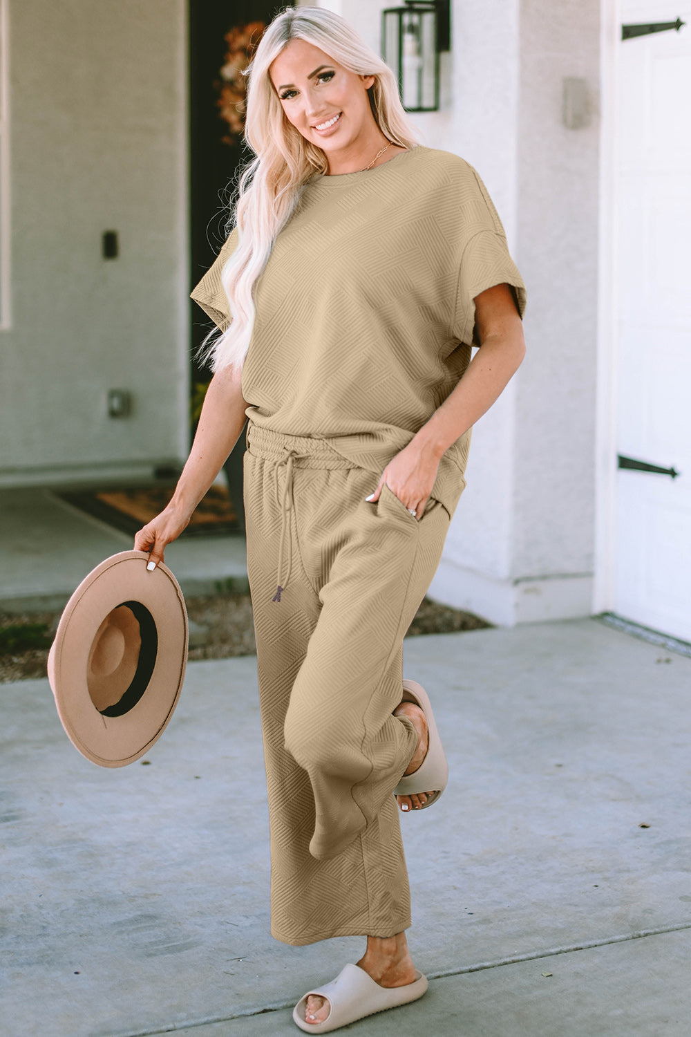 Adventure In Texture Short Sleeve Top and Pants Set - Bee Creek Apparel