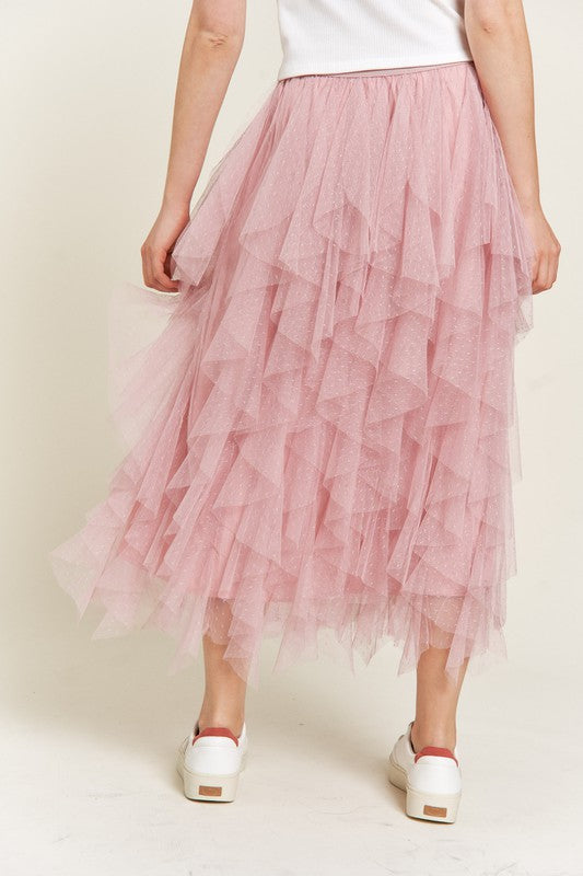Polka Dot Mesh Lined A-Line Midi Skirt