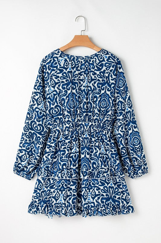 Print Lace-up V Neck Long Sleeve Mini Dress - Bee Creek Apparel