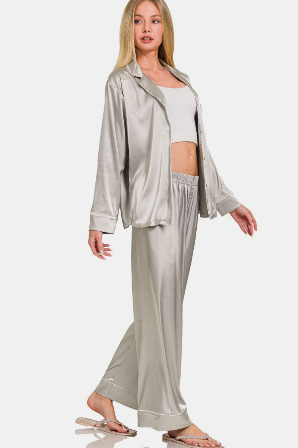 Zenana Satin Long Sleeve Shirt and Pants Pajama Set in Silver - Bee Creek Apparel
