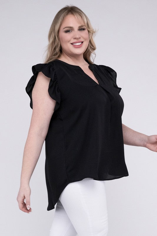 Discover Woven Wool Peach Ruffled Sleeve High-Low Top - Bee Creek Apparel
