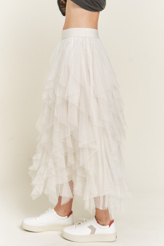 Polka Dot Mesh Lined A-Line Midi Skirt