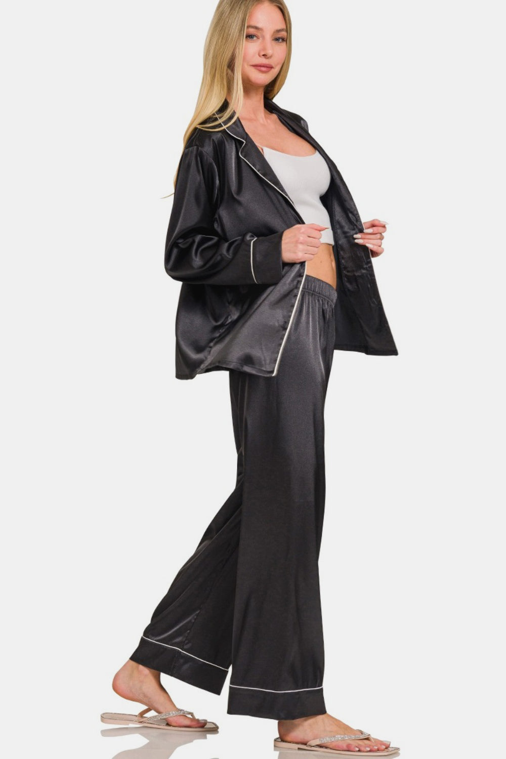 Black Satin Long Sleeve Shirt and Pants Pajama Set - Bee Creek Apparel
