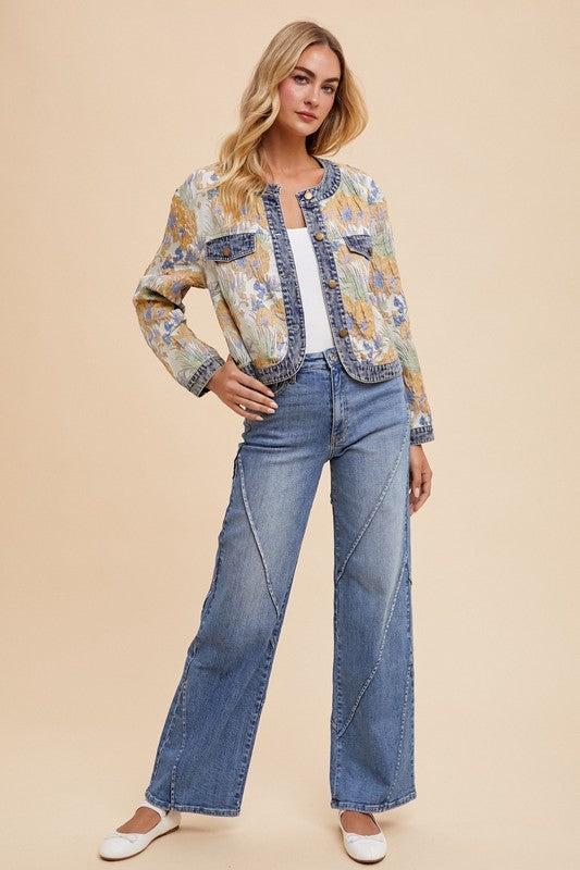 Floral Denim Contrast Button Down Jacket