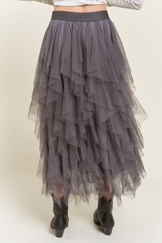 Polka Dot Mesh Lined A-Line Midi Skirt
