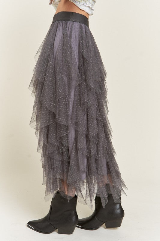 Polka Dot Mesh Lined A-Line Midi Skirt