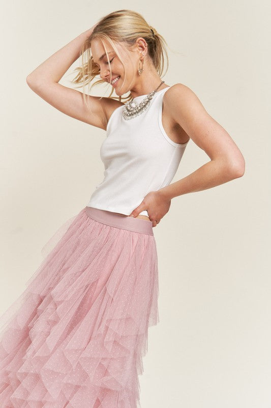 Polka Dot Mesh Lined A-Line Midi Skirt
