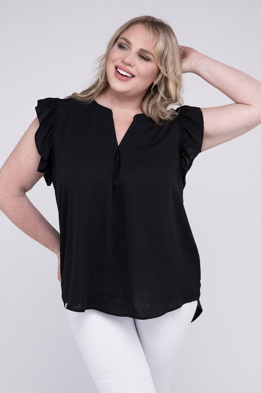 Discover Woven Wool Peach Ruffled Sleeve High-Low Top - Bee Creek Apparel