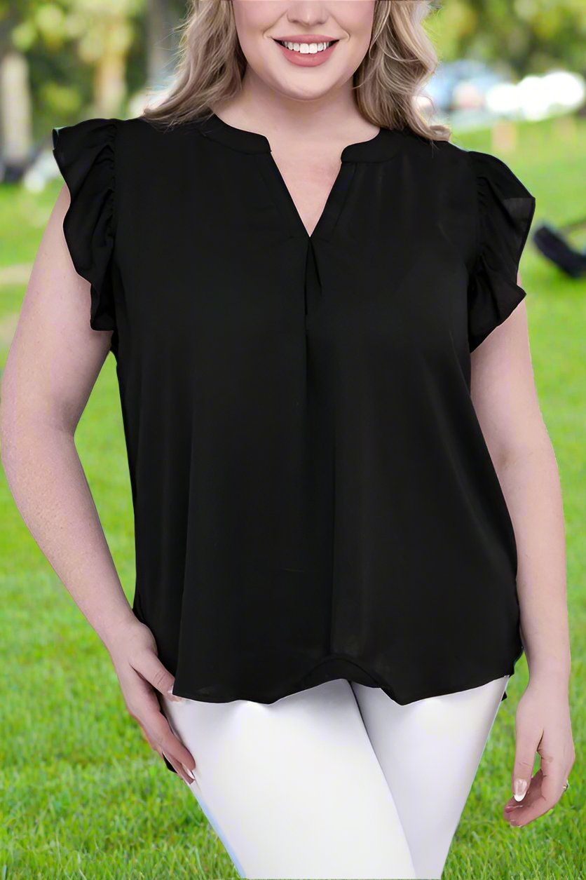Discover Woven Wool Peach Ruffled Sleeve High-Low Top - Bee Creek Apparel