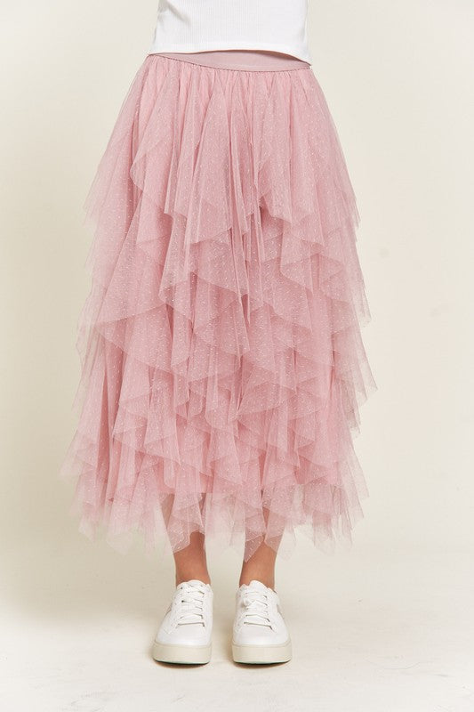 Polka Dot Mesh Lined A-Line Midi Skirt