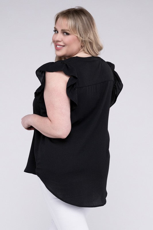 Discover Woven Wool Peach Ruffled Sleeve High-Low Top - Bee Creek Apparel